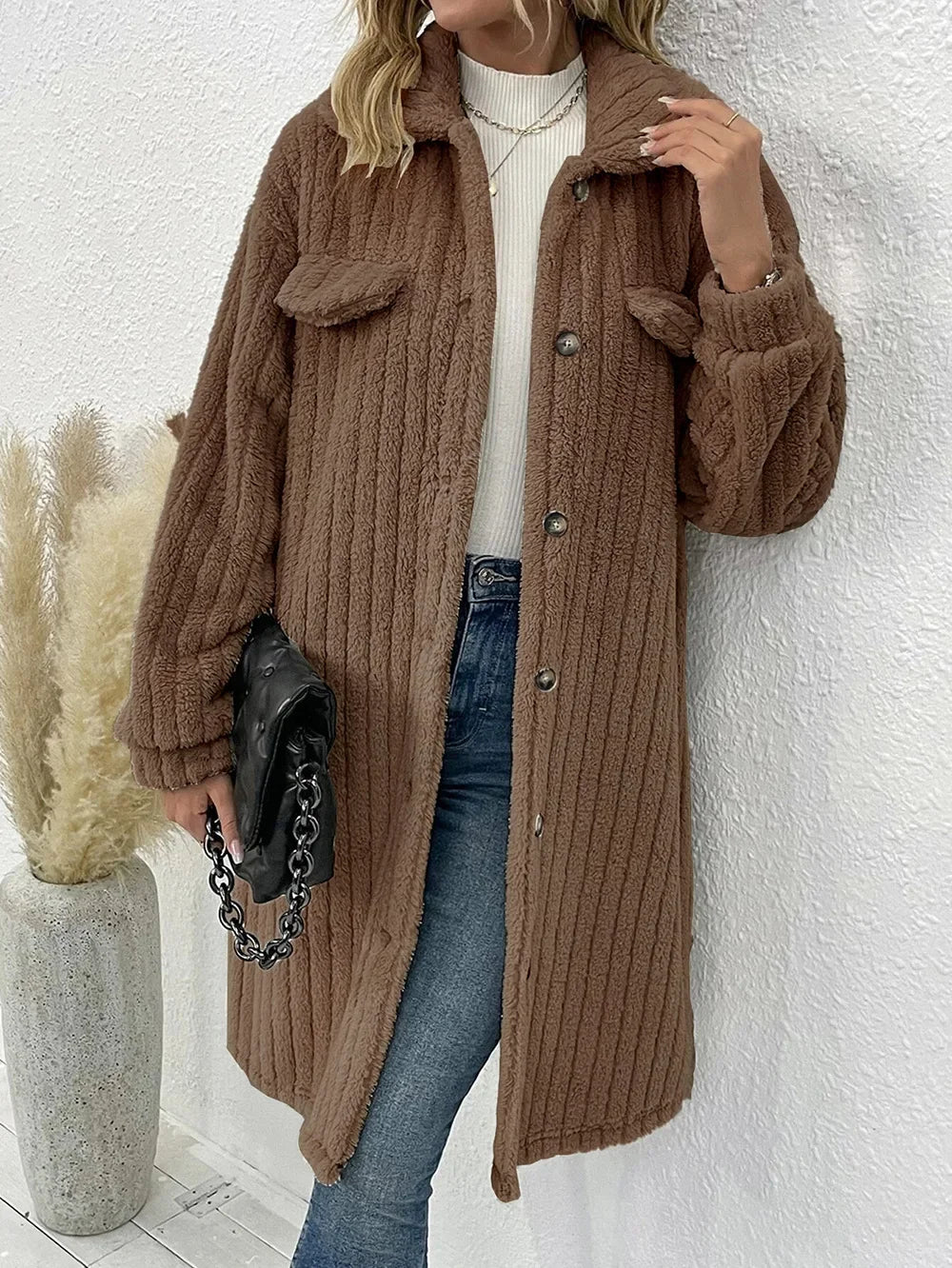 Fashion Temperament Autumn and Winter European and American Clothing Cross-Border Mao Mao Lapel Plush Long Double-Breasted